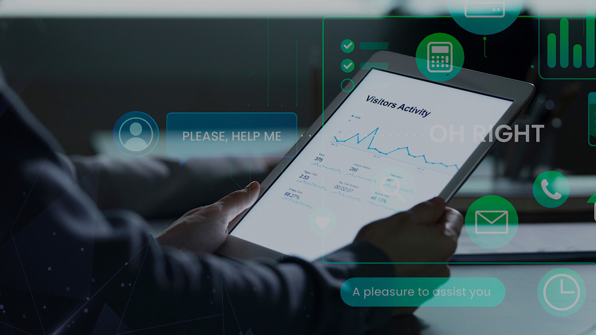 Hand hält Tablet mit Web-Analytics-Dashboard, umgeben von eingeblendeten Marketing-Automation-Icons und Chat-Elementen