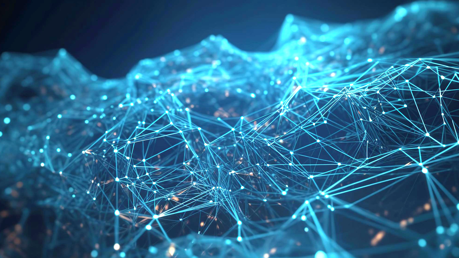 Abstrakte Netzwerkgrafik aus leuchtend blauen, miteinander verbundenen Knotenpunkten vor dunklem Hintergrund, als Sinnbild für vernetzte Kundendaten und ihre Verbindungen.