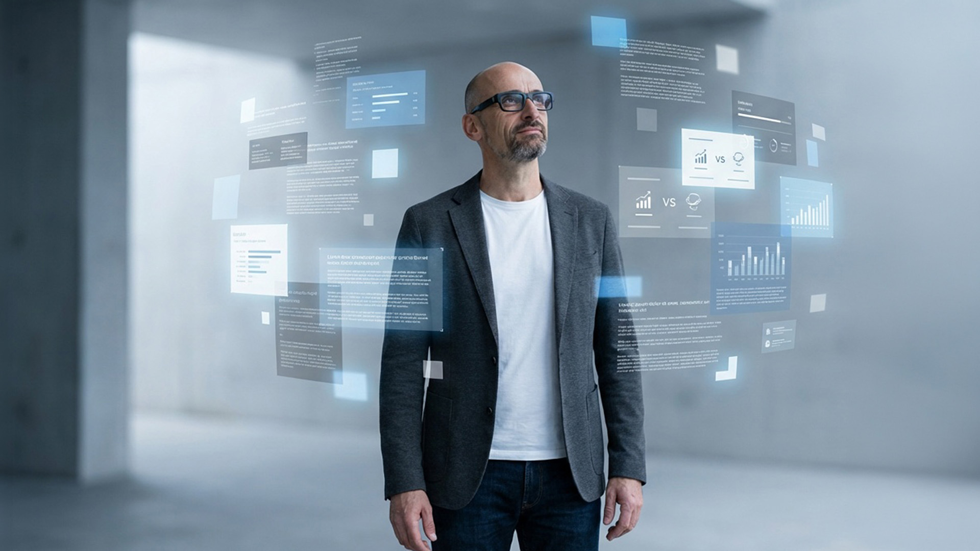 Stephan Göckler steht vor einem digitalen Informationsraum mit schwebenden Dokumenten und Diagrammen, Metapher für die Frage, in welchen Antworten Marken noch vorkommen.