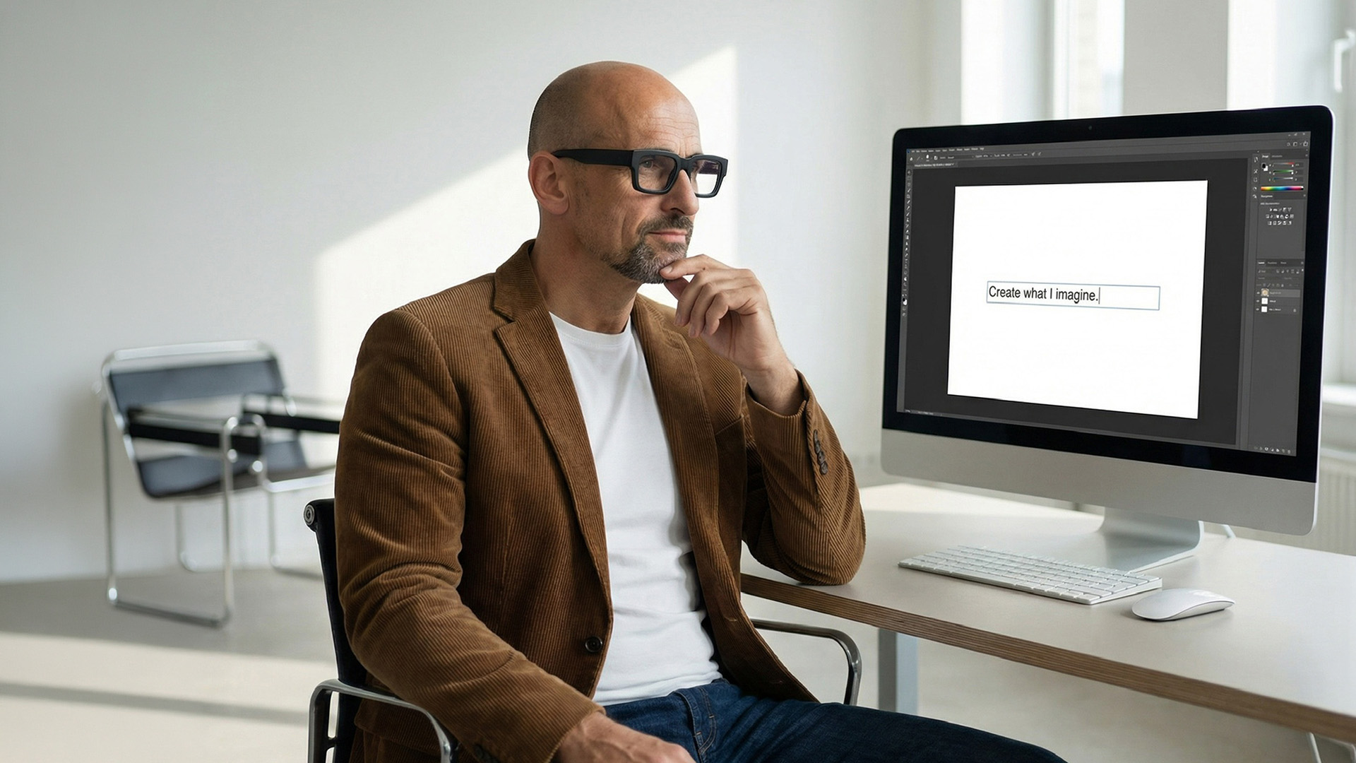 Stephan Göckler sitzt nachdenklich vor einem iMac mit geöffnetem Photoshop-Interface, als Sinnbild für den Moment, in dem das Handwerk anfängt, sich in Sprache zu verwandeln.
