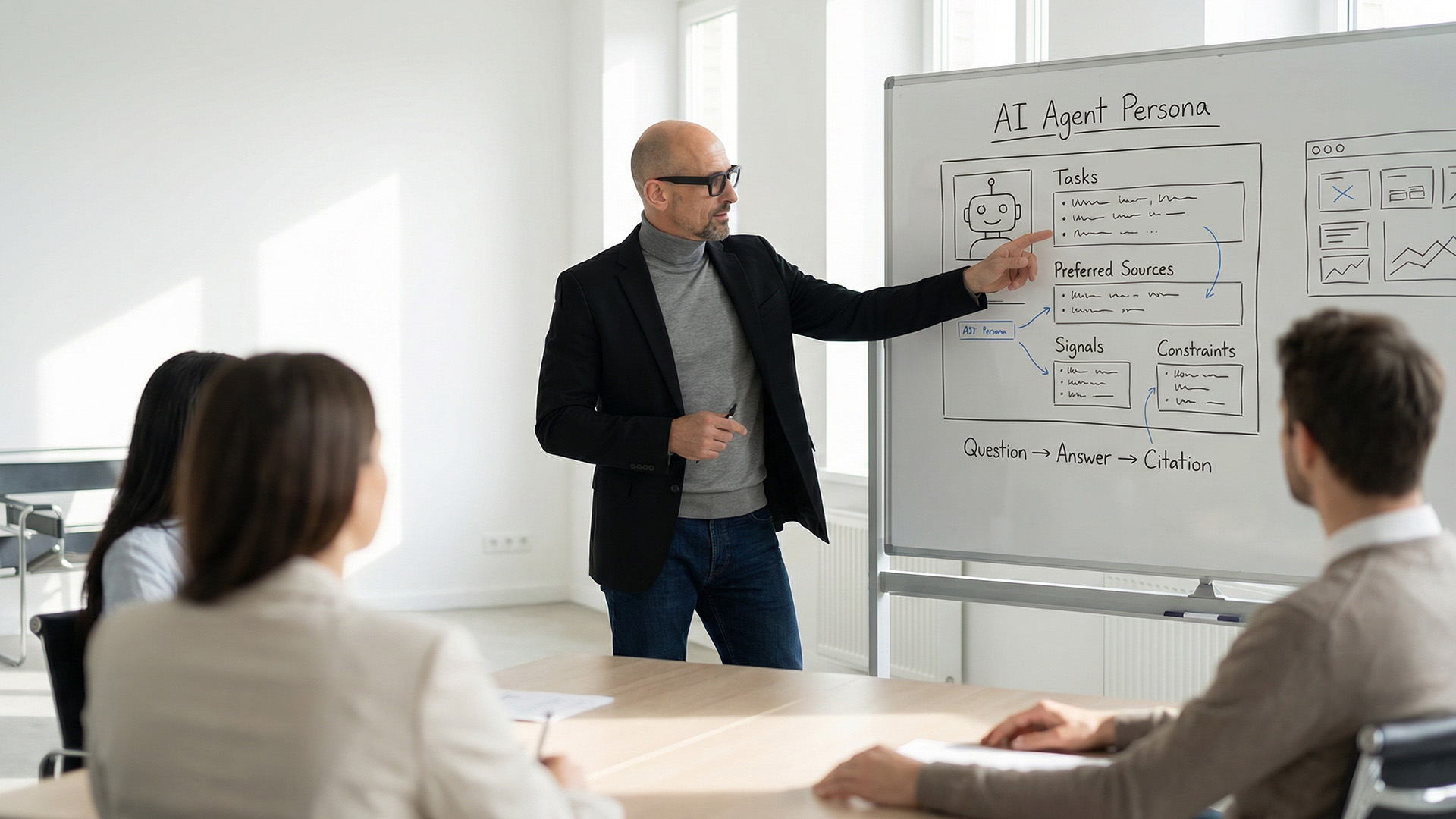 Moderator vor einem Whiteboard mit der Skizze einer KI-Agenten-Persona, zwei Personen sitzen ihm gegenüber.