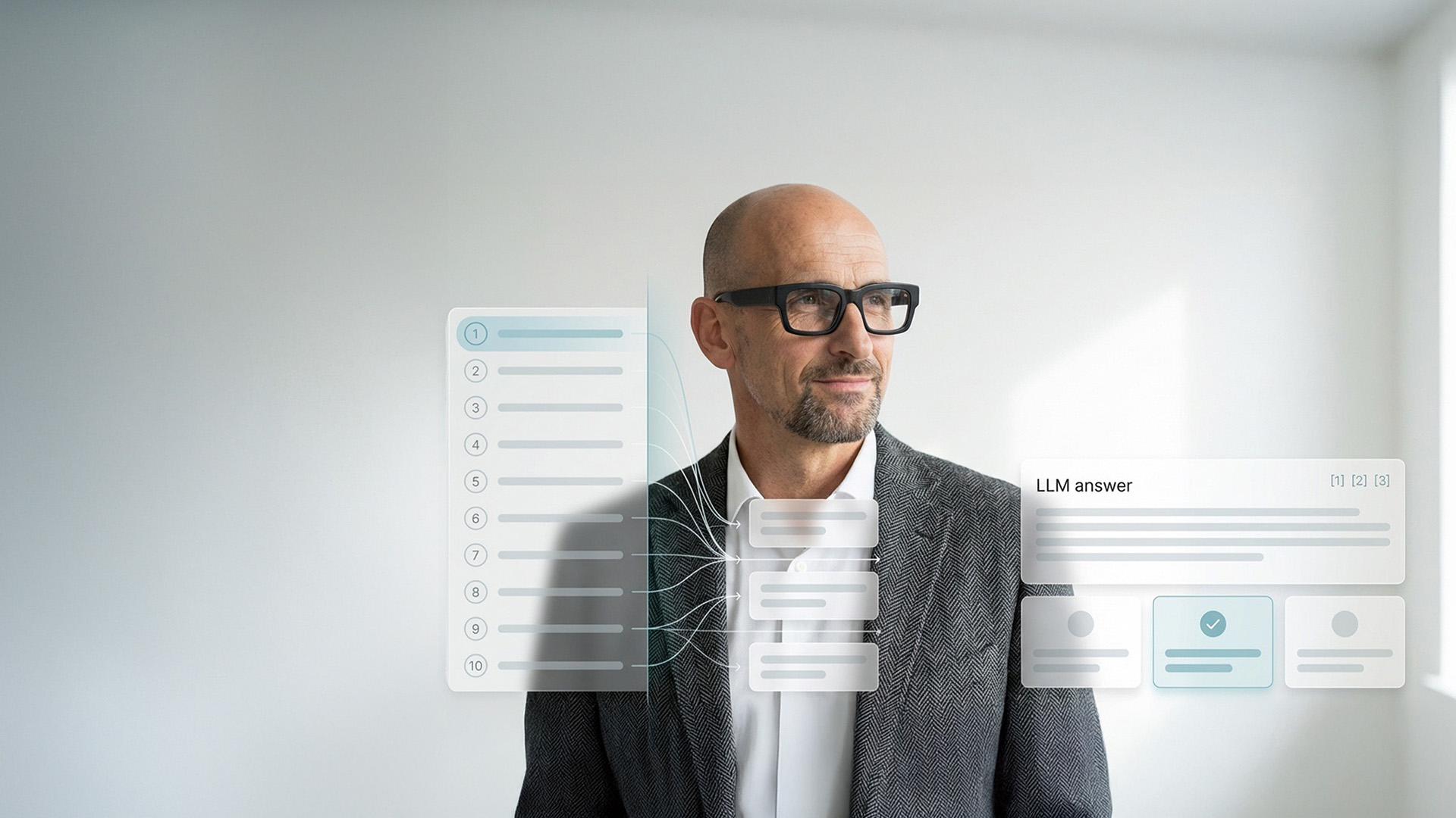 Stephan Göckler mit überlagerten KI-Suchergebnis-Grafiken, Metapher für die neue Sichtbarkeitslogik in KI-gestützten Antwortsystemen.