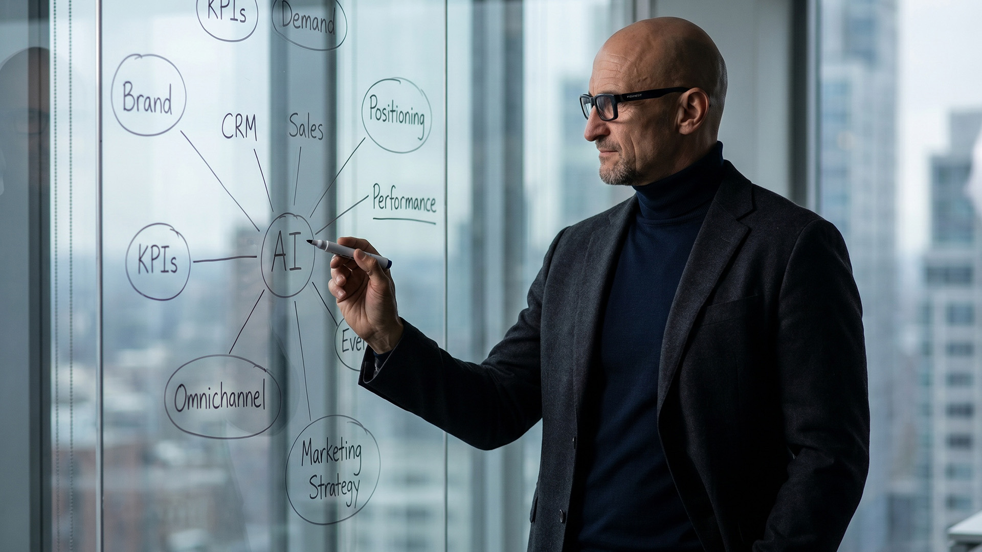 Stephan Göckler schreibt an einer Glaswand ein Konzept-Diagramm mit KI im Zentrum, umgeben von verbundenen Begriffen wie Brand, CRM, Sales, Positioning, Performance, Omnichannel und Marketing Strategy, als Sinnbild für das Zusammenführen verschiedener Marketingdisziplinen.