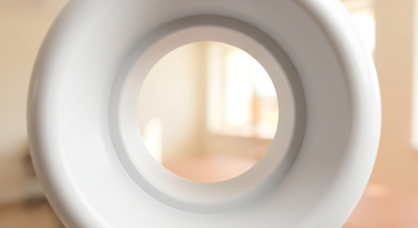 Nahaufnahme eines runden, weißen medizinischen Instruments, durch dessen zentrale Öffnung der Blick auf einen unscharfen, warm beleuchteten Raum im Hintergrund fällt, als Sinnbild für den Blick auf den Patienten durch die Technik hindurch.