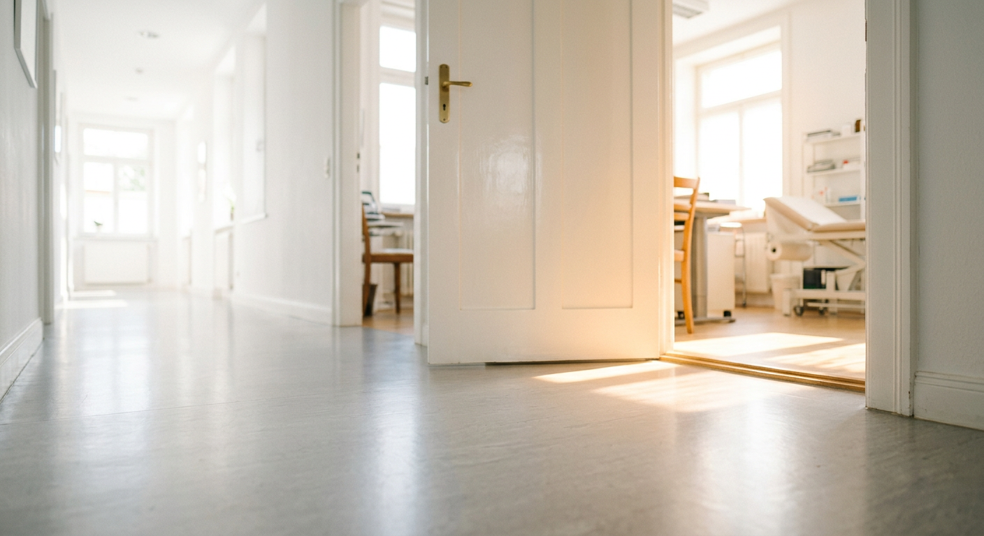 Blick durch eine geöffnete Tür in einen hellen Praxisflur auf ein Behandlungszimmer mit Liege und Schreibtisch, durchflutet von warmem Sonnenlicht.