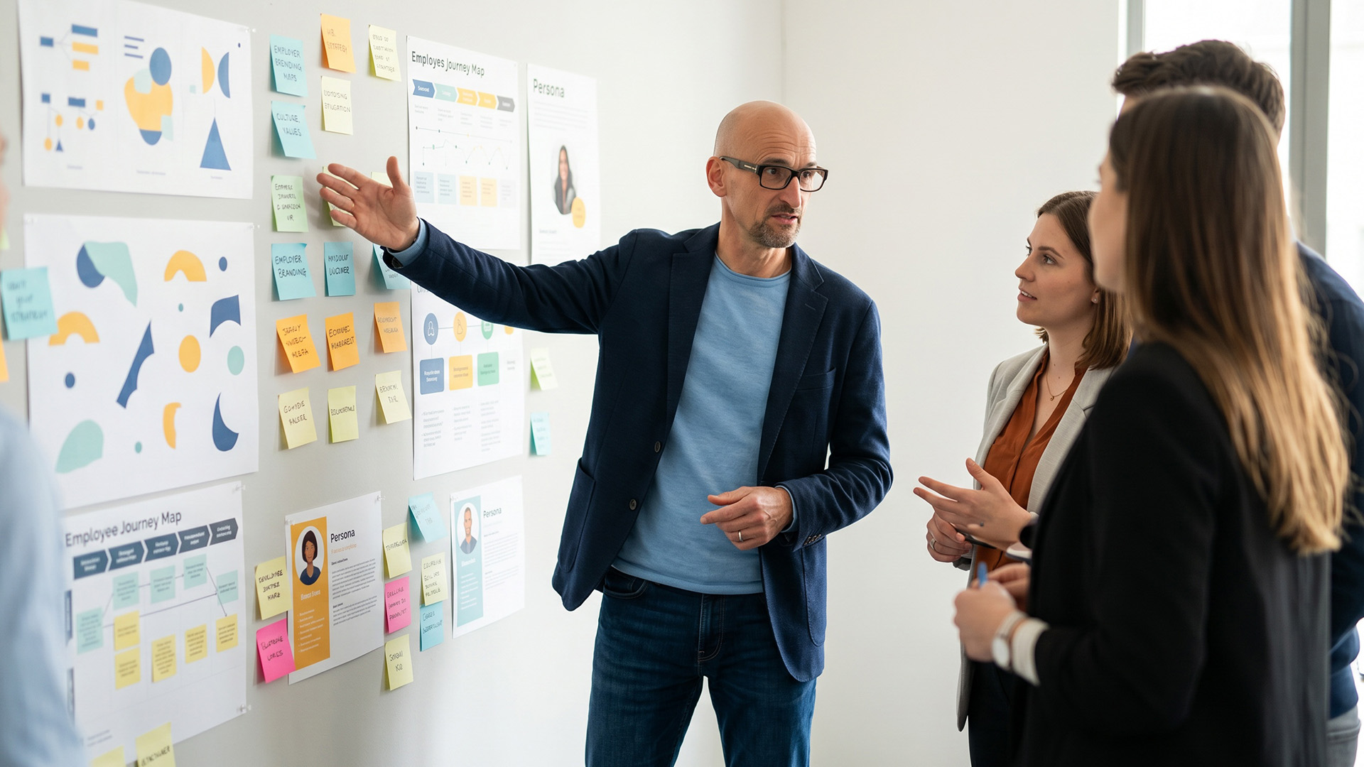 Stephan Göckler erklärt einem Team an einer Wand mit Persona-Profilen, Sticky Notes und einer Employee Journey Map die Analyse der Mitarbeiterperspektiven im Rahmen der Arbeitgebermarken-Entwicklung.